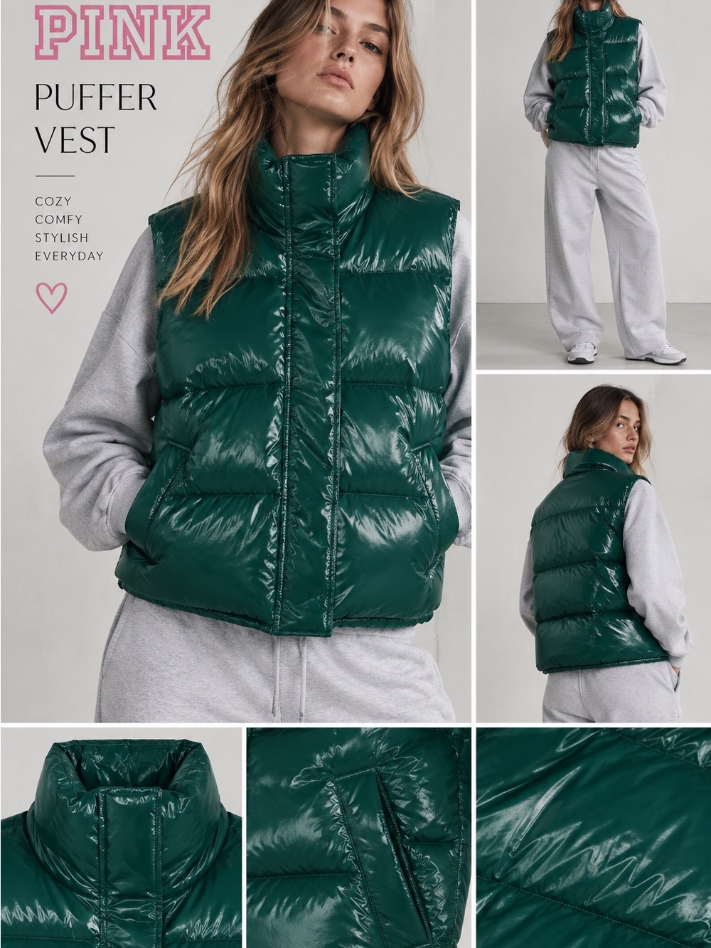 Victoria’s Secret PINK Glossy Puffer Vest Green NWT